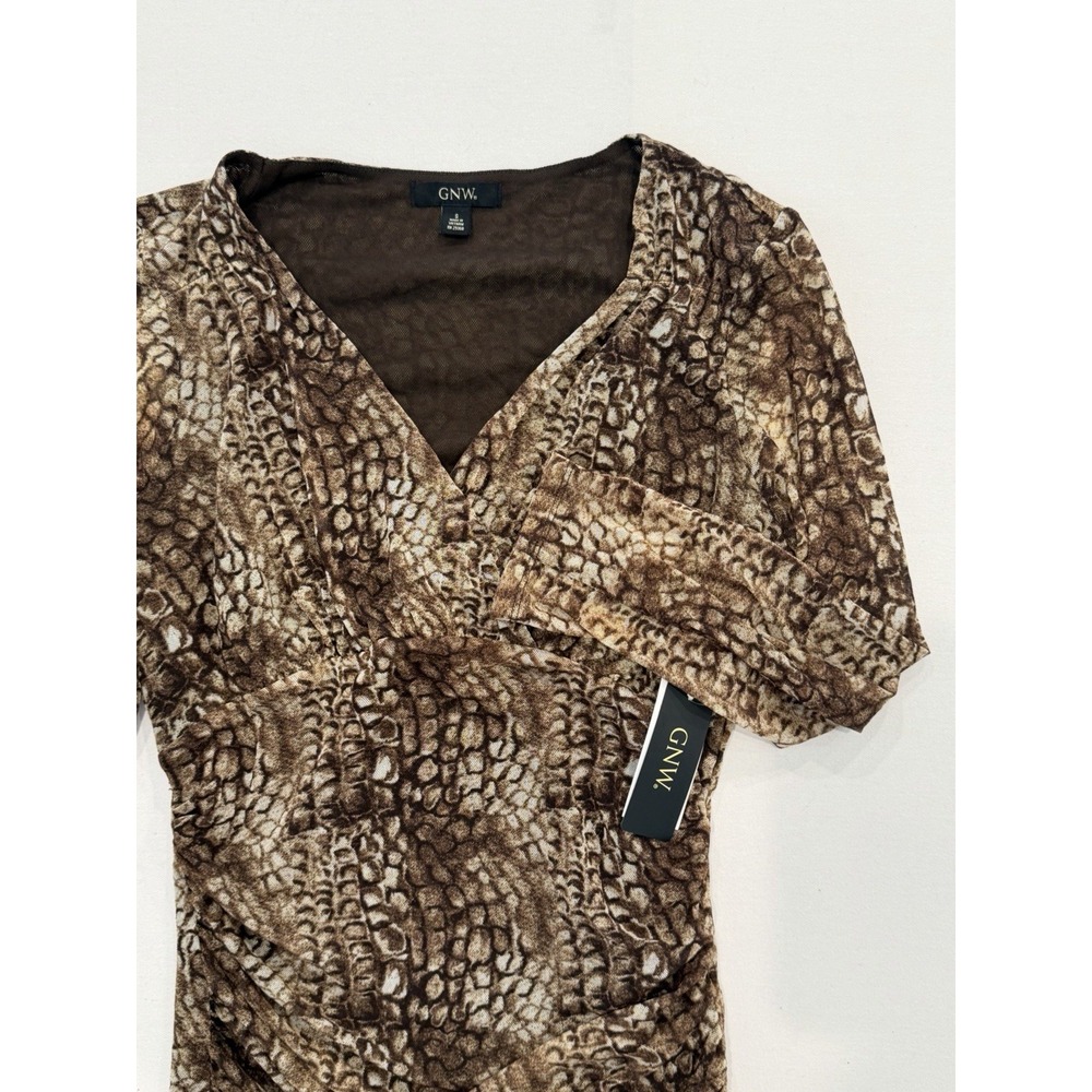 GNW Womens Animal Print Mesh Ruched Top Shirt Size Small Stretch Brown New Chic